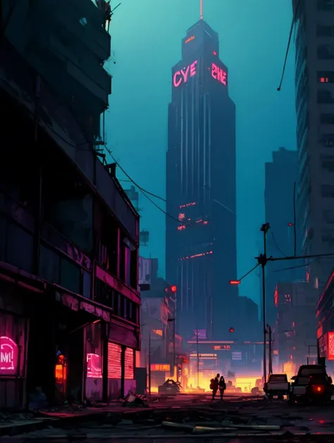 A Extreme Wide Shot of Dilapidated buildings with flickering neon signs in the middle CyberSys Tower and in the backgound Underground resistance launching cybernetic guerrilla warfare against the military,