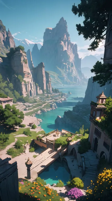 a big Persian Villa surrounded by water and nature, village, close view, volumetric lighting, photorealistic, insanely detailed and intricate, Fantasy, epic cinematic shot, trending on ArtStation, mountains, 8k ultra hd, magical, mystical, matte painting, bright sunny day, flowers, massive cliffs,