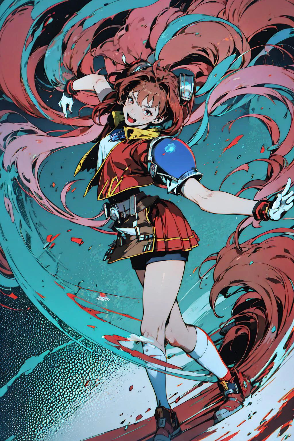 fcEstelle, red jacket, blue shoulder pad, white shirt, red skirt, short shorts, <lora:Char_OC_EstelleBright:1>, Allow colors to dance and intertwine freely, with dynamic brushstrokes, spirals, and color blends that create a lively and frenetic composition filled with expressive movement, twintails,