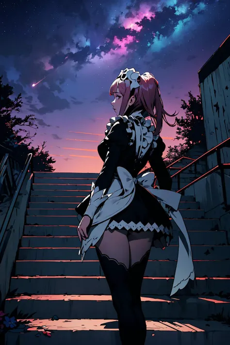 High Quality, Masterpiece, feliciadef, maid, maid headdress, black thighhighs, <lora:Char_FireEmblem_Felicia:0.9>, ghostdom, night, backlight, flowers:0.5, stairs, from behind, look at viewer, (milky way), (dark environment), (leo zodiac sign), starry, strry light, night, colorful, cloud, star \(sky\),