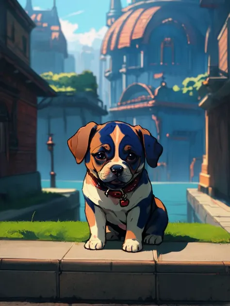 A ((Medium Wide Shot of 1puppy)), look at the camera, fantasy city as background,