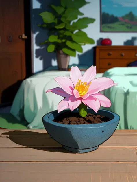 An Establishing Shot of Tiny Sky Blue Robust Fan-shaped plant, Slate Gray Compound Inflorescence Bowl-shaped flower, Cyathiform, Woody root , in background bedroom,