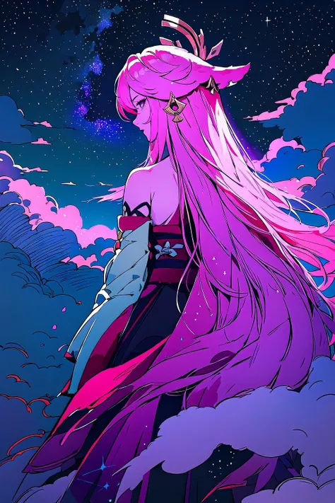 High Quality, Masterpiece, yae miko, long hair, pink hair, animal ears, <lora:Char_GenshinImpact_YaeMiko:1>, starry, strry light, night, colorful, cloud, star \(sky\), from behind, looking back,