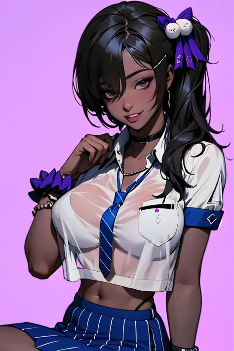 <lora:naga_nikkev2:1>, jelonaga, side ponytail, hair ornament, hairclip, white shirt, bra visible through clothes, breast pocket, black choker, blue necktie, purple scrunchie, bracelet, blue skirt, thigh strap, dark skin, dark-skinned female, see-through shirt, light smile, simple background,