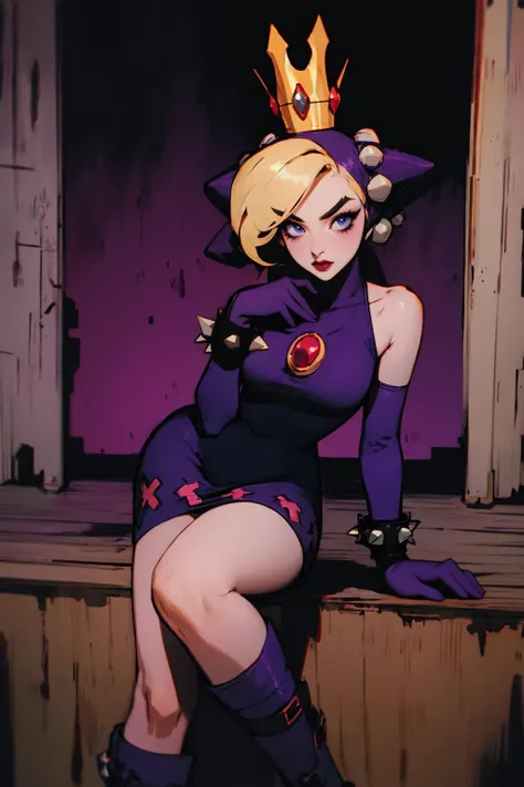 Harley Quinn(suicide squad) chubby, woman, thick waist, large chest, black hair, Madhatter hat, short messy hair, blue eyes, black yoga pants, thicc thighs, short red vest, red boots, fat, larger body, chubby face, face with blush, cleavage visable, boob window