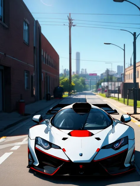 A dynamics Long Shot of a hypercar captured in natural light, (run on street), noon, a Industrial City in background,