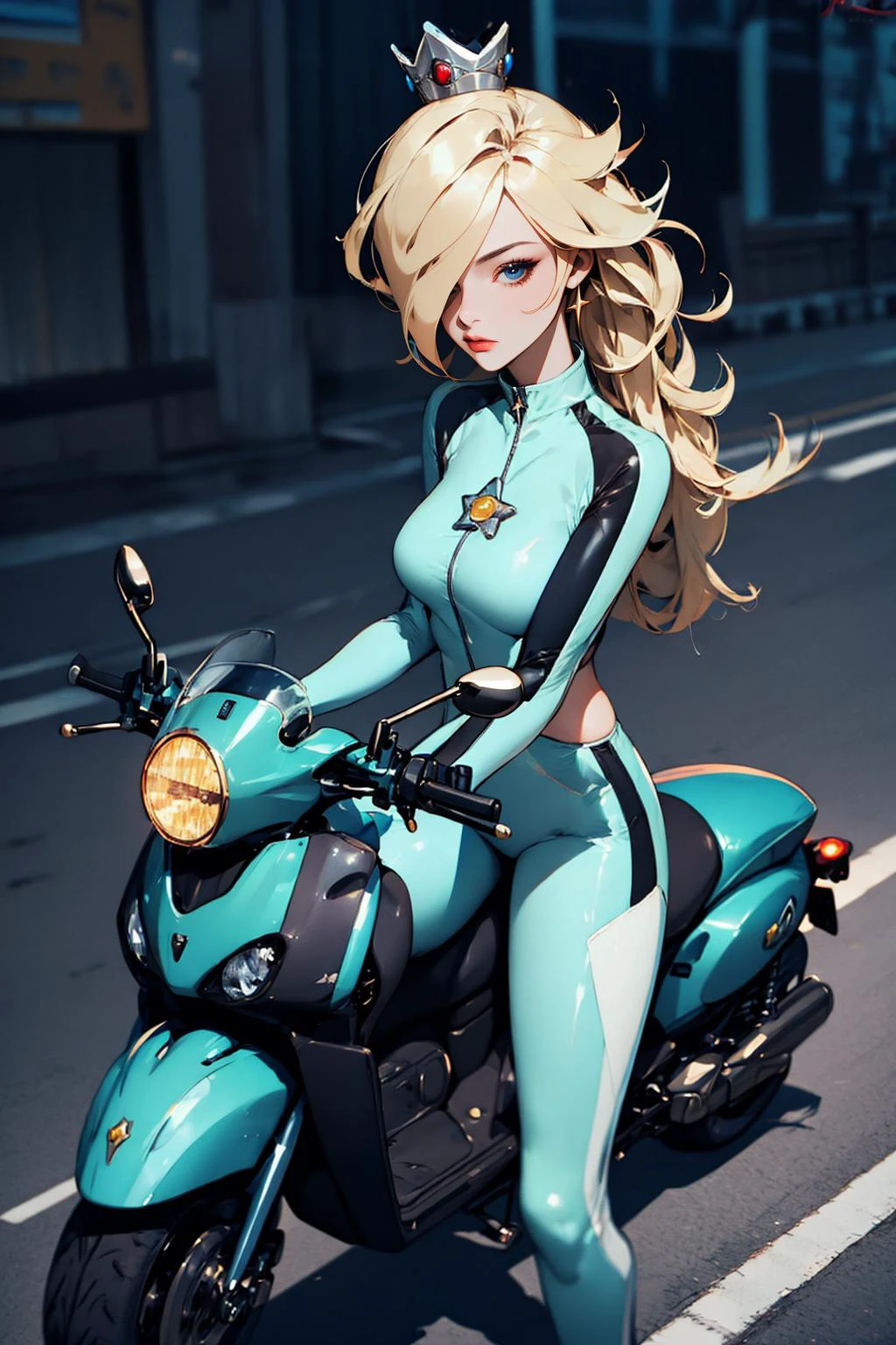 masterpiece, best quality, <lora:RosalinaV3:.9> IncrsRsln, hair over one eye, RslnBiker, biker clothes, bikesuit, crown, bodysuit, gloves, riding scooter,