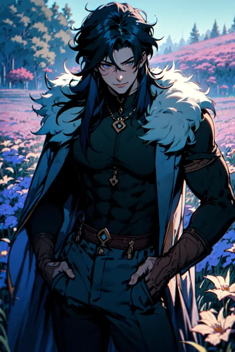 (highly detailed:1.3), 1boy, solo, smirk, flower, (flower field:1.2), wrench_genshin_style, muscular male, long hair, blue eyes, fur coat, fur trimmed, lazor, pants, tied hair, jewelry, Ultra-detail, (highres:1.1), best quality, (masterpiece:1.3), cinematic lighting, <lora:wrench_genshin_style_male:1>