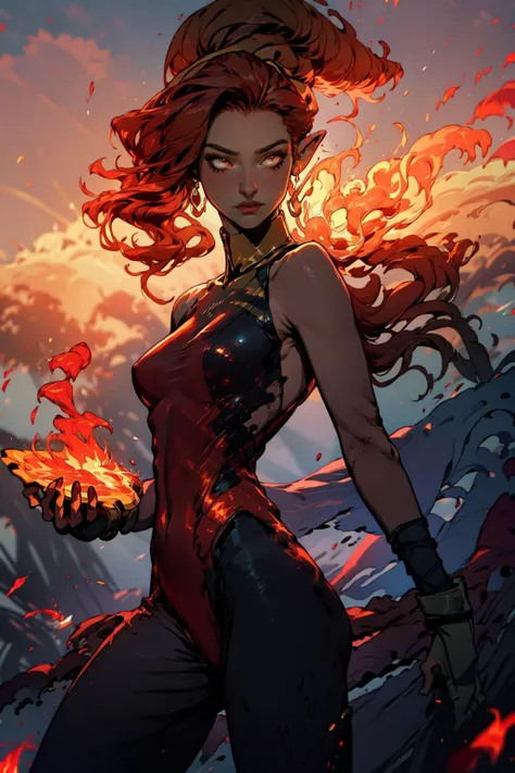 masterpiece, best quality, 1girl, <lora:Fiery_Hair:1>, with Fiery_Hair, fiery hair, glowing, revealing clothes, <lora:Din_Zelda_Anime:0.8> Din_Zelda, dark skin, red unitard