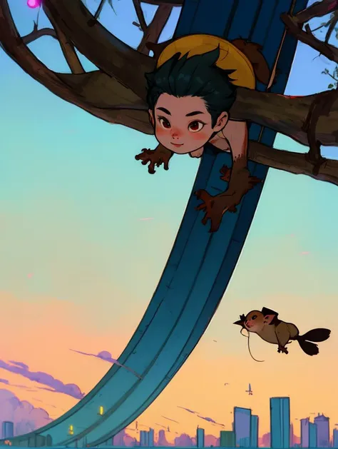 A ((Medium Wide Shot of Flying Lemur)), fantasy city as background,