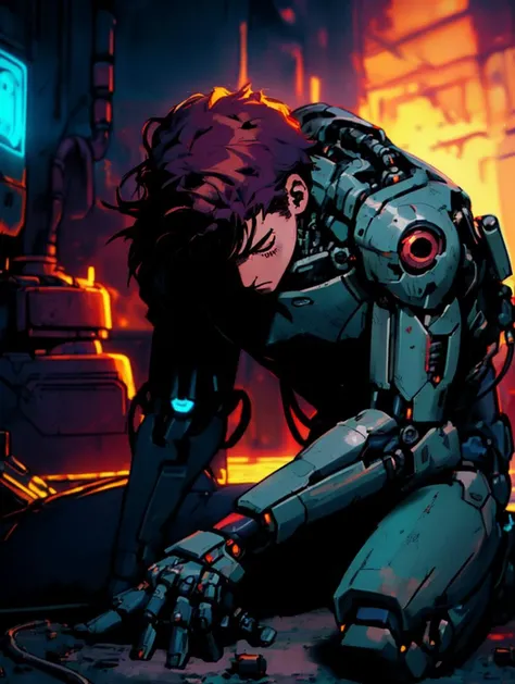 reelmech, ((Medium Shot of 1boy of (Venerando Trentini:1.3))), mechanical arms and legs, cyborg, desolate mood, Twilight, look away from the camera, fetal position, glowing bokeh in background <lora:reelmech1v2:0@.3,.7@.5,.9@.8,0@1>,