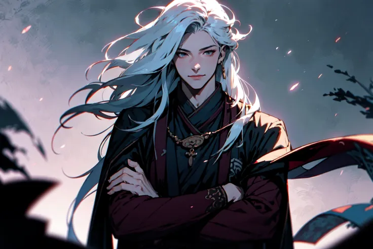 (highly detailed:1.3), 1boy, solo, fantasy clothing, jewelry, very long hair, light smile, scarf, floating hair, chinese clothes, crossed arms, looking to the side, white hair,, cinematic lighting, <lora:wrench_genshin_style_male:1>