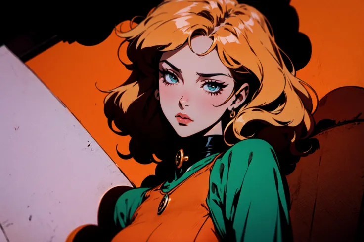 girl in Eco Friendly haute couture outfit in the style of anime, surrealism, akira style. details. fine jewelry. Eco Friendly. orange vibe.
