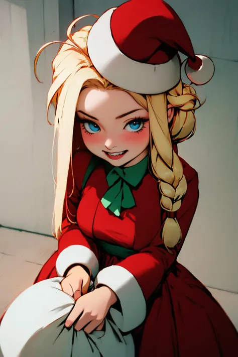 masterpiece, best quality, <lora:Padoru_Meme:.5>, Padoru_Meme, 1girl, blush, grin, teeth, blonde hair, long sleeves, dress, holding, blue eyes, braid, ahoge, red dress, green headwear, meme, holding sack:1.2, looking at viewer,
