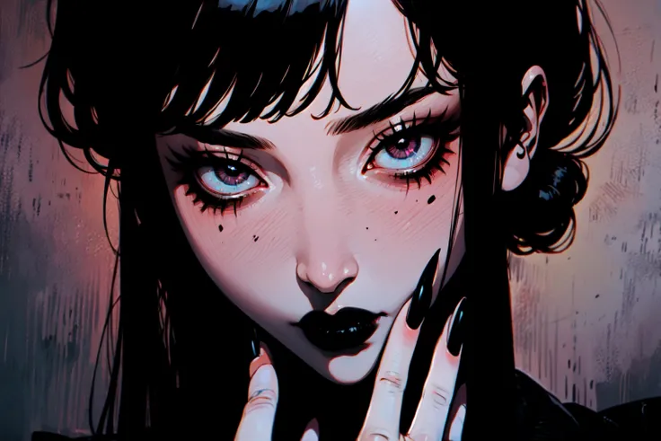 E-girl, fully body, black hair, bangs hairstyle, pale skin, high detail, highly detailed, digital painting, blank background, black fingernails on fingers, black lipstick