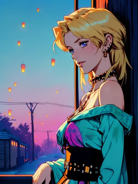 A Establishing Shot in fashion editorial style of ((1woman of 50yo (Judith Håkansson:1.3))) from Africa with natural blonde hair, that weares (upper body clothing, Voile, , Ethereal Glowstone Lanterns, Bell Sleeves, Mini Length, High Waist, Closure Type,,Overdyed Wash,,Contrast Stitching,Paneling, ) and (lower body clothing, Cashmere, Inlay Weave,, Rhinestones, Relaxed Fit, Empire Waist, Back pockets,,Adjustable Waist,,Tinted Wash,,Tie-Dye,Cold Shoulder Design,,Studs, ), a Town in background,