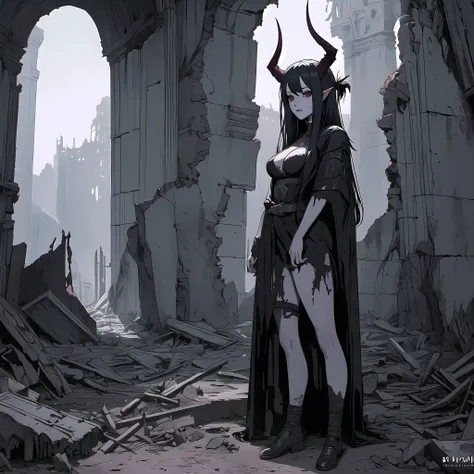 masterpiece, best quality, highly detailed, demon girl, demon, horns, standing in a ruined castle, ruins,