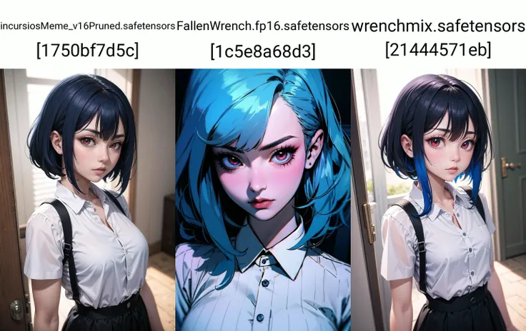 1girl, blue hair, red eyes, looking at viewer, white shirt,