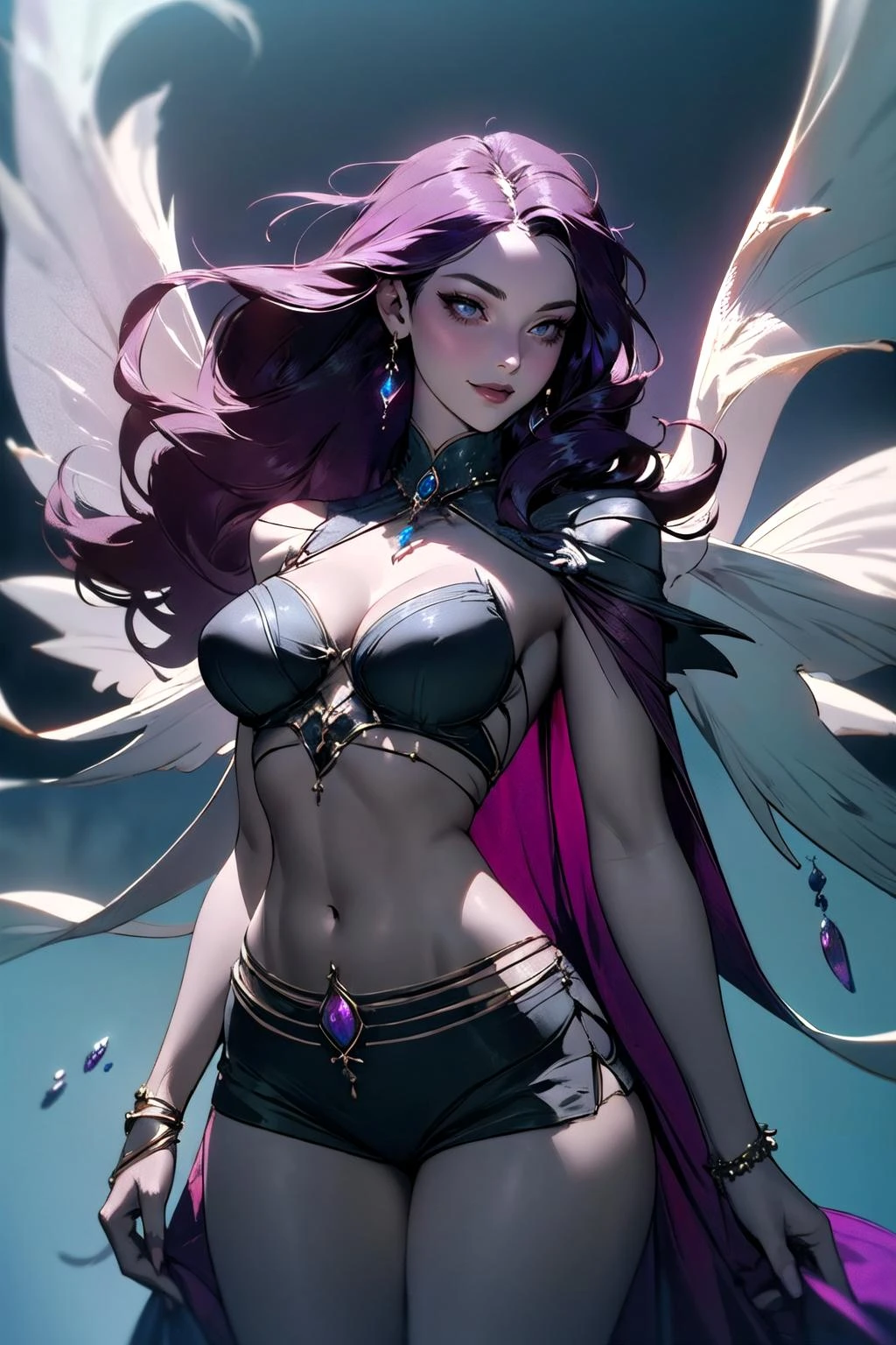 <lora:edgFantasy_Dress:1>, edgFD, wearing edgFD, fantasy_dress, a majestic woman, with light smile flaunting her fashionable dress, shawl, floating hair, jewelry, gems, midriff peek, (short shorts:1.1),