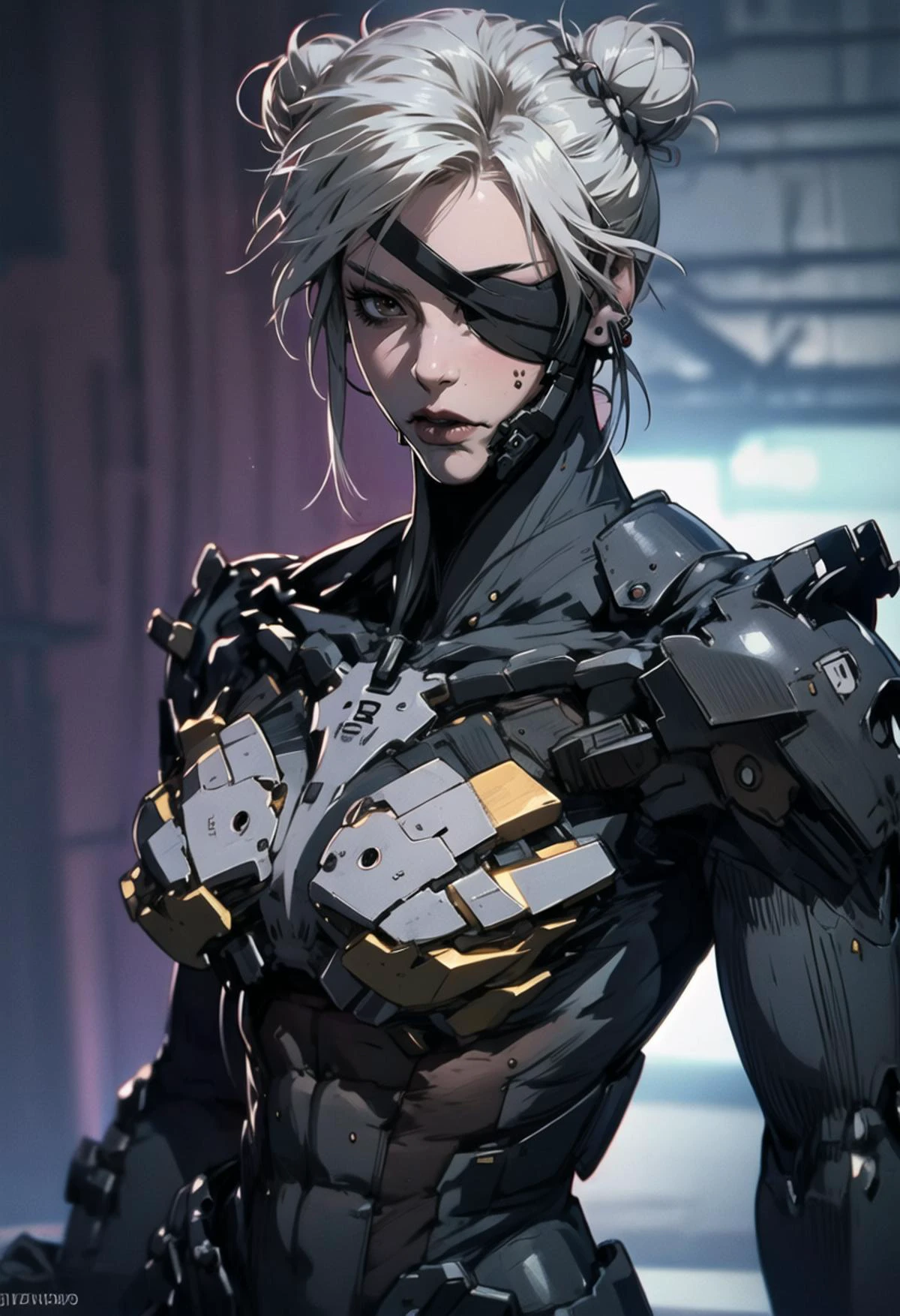 score_9, score_8_up, score_7_up, BREAK, score_9, <lora:RaidenDoguV3:0.9> raidenmgr1, <lora:chunliSDXL:1> chunliSDXL, 1girl, solo, breasts, raidenmgr, looking at viewer, white hair, brown eyes, earrings, hair bun, double bun, makeup, one-eyed, eyepatch, cyborg ninja, cybernetic jaw, cowboy shot, absurdres