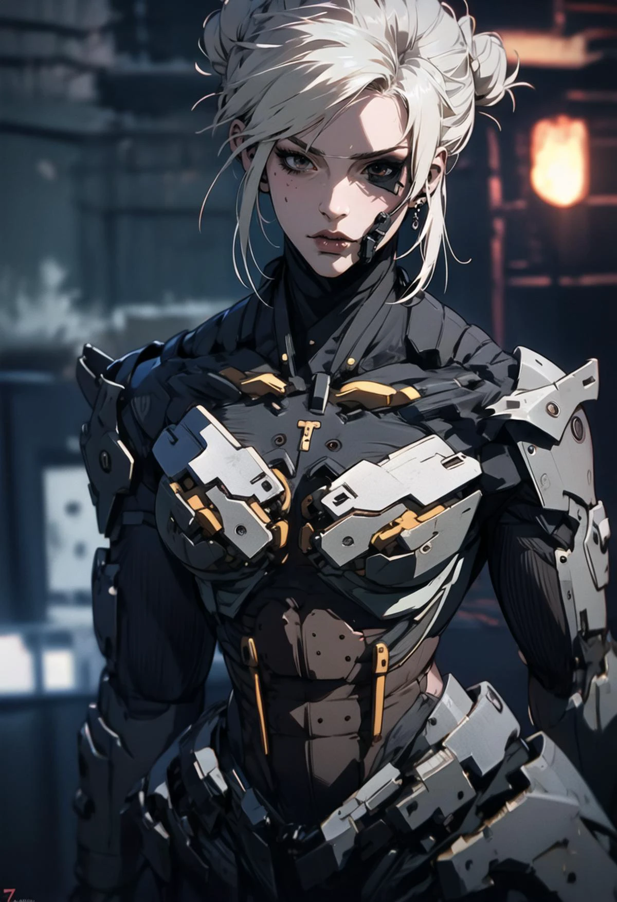 score_9, score_8_up, score_7_up, BREAK, score_9, <lora:RaidenDoguV3:0.9> raidenmgr1, <lora:chunliSDXL:1> chunliSDXL, 1girl, solo, breasts, raidenmgr, looking at viewer, white hair, brown eyes, earrings, hair bun, double bun, makeup, one-eyed, eyepatch, cyborg ninja, cybernetic jaw, cowboy shot, absurdres