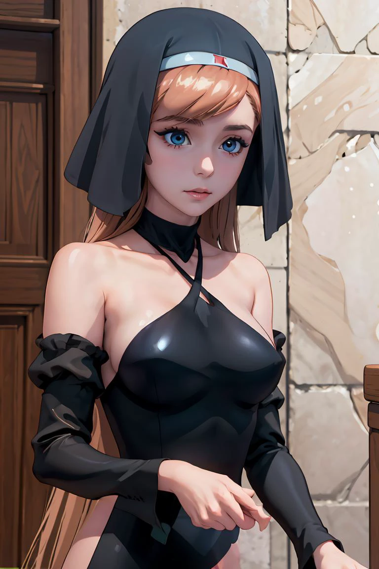 (masterpiece, best quality), 1girl, <lora:fabipriestess-nvwls-v1:1> fabiPriestess, veil, slingshot swimsuit, criss-cross halter, large breasts, veil, black dress, long puffy sleeves, long dress