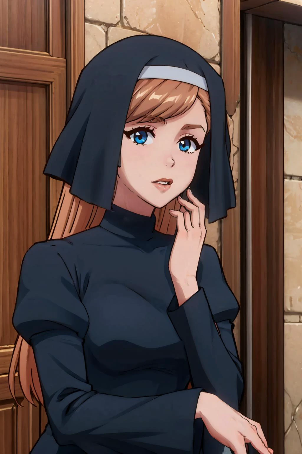 (masterpiece, best quality:1.2), 1girl, solo, looking at viewer, <lora:mrpotatoparty:0.95> mrpotatoparty, <lora:fabipriestess-nvwls-v1:0.95> fabiPriestess, veil, black dress, long puffy sleeves, long dress