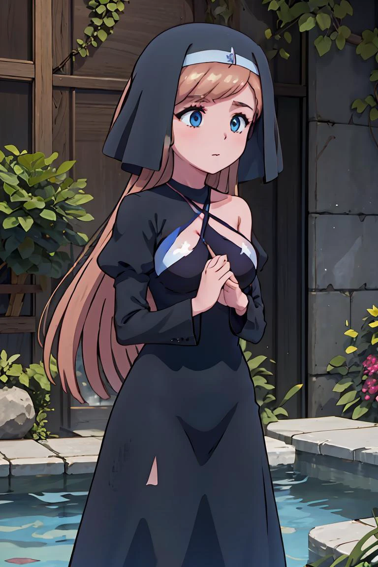 (masterpiece, best quality), 1girl, <lora:fabipriestess-nvwls-v1:1> fabiPriestess, veil, slingshot swimsuit, criss-cross halter, large breasts, veil, black dress, long puffy sleeves, long dress