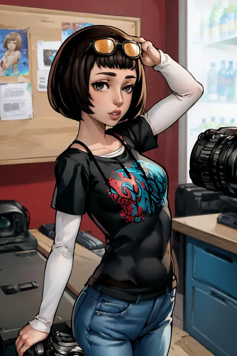 (masterpiece, best quality:1.2), 1girl, solo, looking at viewer, <lora:shelter:0.95> shelter, <lora:OhyaIchiko:0.95> OhyaIchiko, short hair, bob cut, eyewear on head, black t-shirt, layered sleeves, jeans, camera