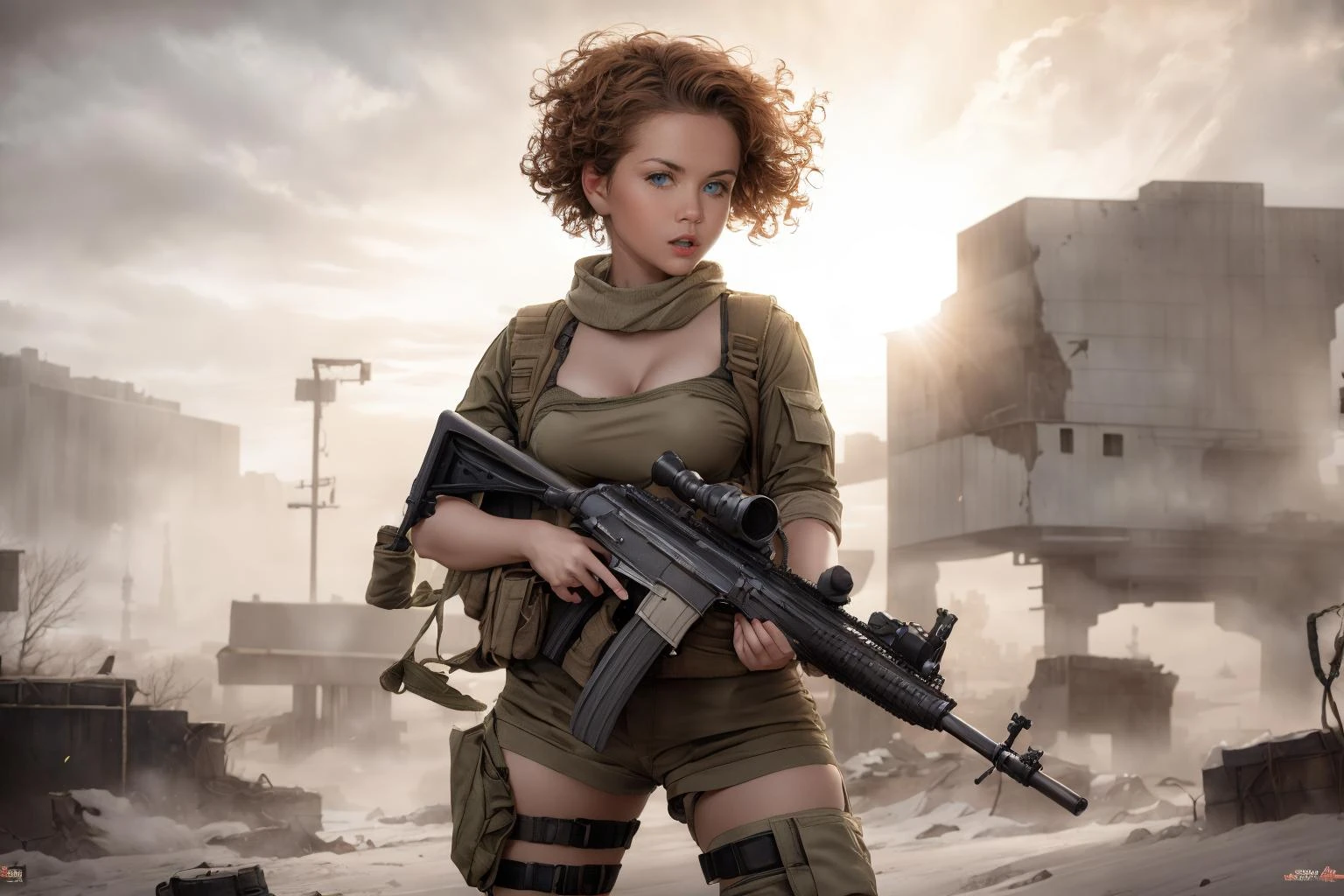 (masterpiece, best quality), (absurdres:1.0), (photorealistic:1.1), (ultra detailed, ultra realistic, hyper realistic, 8K, ultra highres:1.0), <lora:more_details:0.4> , <lora:Animarines:0.8> in a military uniform, holding a combat rifle, ready for combat, small breasts, clevage <lora:Cute_Sunny-10:1>, Cute_Sunny_Lora, serious face, in post apocalyptic world
