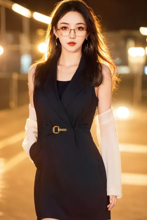 (masterpiece:1.2), best quality, high resolution, unity 8k wallpaper, (illustration:1.0), beautiful detailed eyes:, extremely detailed face, perfect lighting,photo_\(medium\), photorealistic, realistic,
<lora:hongshufeng_v2-000020:0.75>,
1girl, black_hair, blue_dress, blurry, blurry_background, bokeh, breasts, brown_eyes, coat, depth_of_field, dress, earrings, glasses, hoop_earrings, jacket, jewelry, lens_flare, lights, lips, lipstick, long_hair, looking_at_viewer, makeup, night, outdoors, realistic, red_lips, sleeveless_dress, solo, standing, parted_lips, black_eyes, black_jacket, round_eyewear