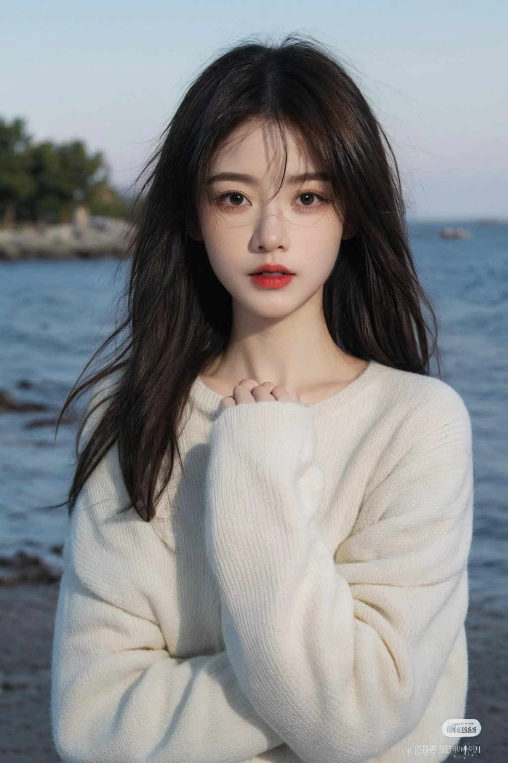 (masterpiece:1.2), best quality, high resolution, unity 8k wallpaper, (illustration:1.0), beautiful detailed eyes:, extremely detailed face, perfect lighting, extremely detailed CG,
<lora:hongshufeng_v3-000020:0.75>,
1girl, black_eyes, black_hair, blue_background, blue_sky, brown_eyes, brown_hair, day, holding, lips, long_hair, looking_at_viewer, nose, ocean, outdoors, photorealistic, realistic, red_lips, sky, solo, upper_body, long_sleeves, sweater, sleeves_past_wrists, wind, white_sweater