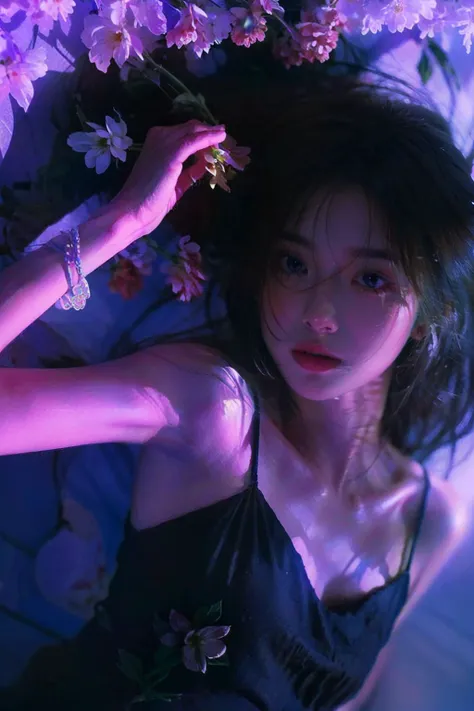 sombernight, extremely detailed face, somber lighting, extremely detailed CG, 1girl,flower, flower field, solo, lying, looking at viewer, black hair, blue eyes, long hair, arm up, sleeveless,bracelet, parted lips, black dress, mole under eye, bare shoulders, scar, dress, <lora:hongshufeng_v3:0.75>