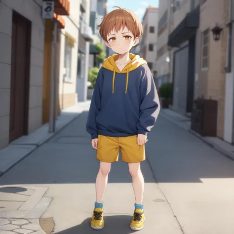 King Harlequin, <lora:King:1>, young boy, 1boy, short, outdoors, yellow eyes, brown hair, pixie cut, best quality, day, masterpiece, colorful, blue sweater, streets, full body, shorts, looking at viewer