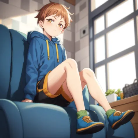 King Harlequin, <lora:King:1>, young boy, 1boy, short, indoors, yellow eyes, brown hair, pixie cut, best quality, day, masterpiece, colorful, blue sweater, streets, full body, shorts, looking at viewer,sitting on sofa, good photography composition