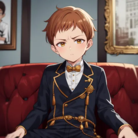 King Harlequin, <lora:King:1>, professional Photography, young boy, 1boy, short, indoors, yellow eyes, brown hair, pixie cut, best quality, day, masterpiece, colorful, (formal outfit:1) ,cowboy shot,looking at viewer,sitting on sofa, shy