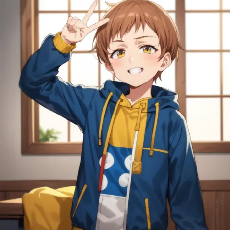 King Harlequin, <lora:King:0.8>,young boy, 1boy,short, indoors, ,yellow eyes, brown hair, pixie cut, best quality, day, masterpiece, colorful, 2 colors jacket(half yellow and half blue), relaxed face, , peace sign
