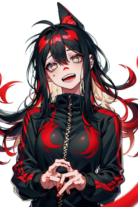 <lora:habeom:1>, habeom,solo, yellow eyes, looking at viewer, smile, mole, piercing, colored inner hair, ((shark fins on head)), (((hidden hand))), ((red and black dress)), snake eyes, ((negative_hand-neg)), (((black hair AND red hair)))