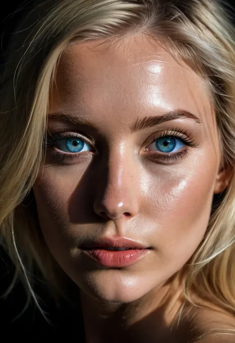RAW photo, portrait, woman, blonde, azure eyes, high detailed skin, dark light, hard shadows