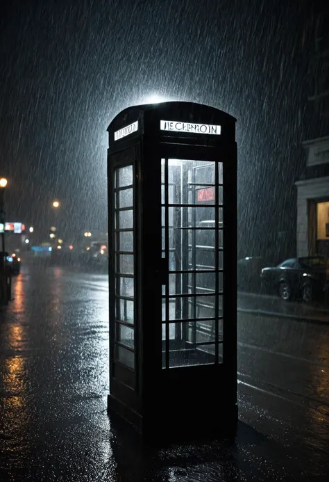 phone booth, heavy rain, at night, dark