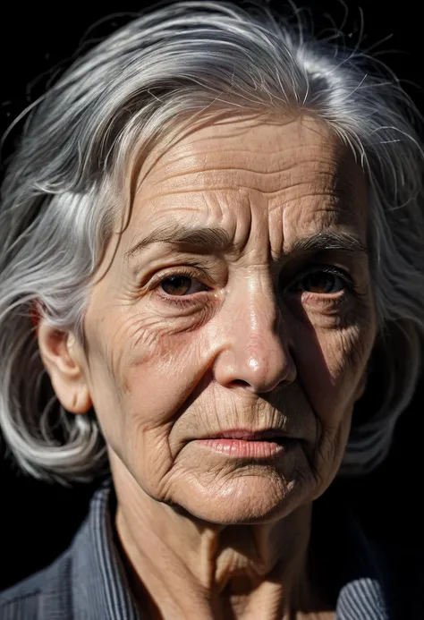 80yo woman, grey hair, deep wrinkles, closeup, hard shadows