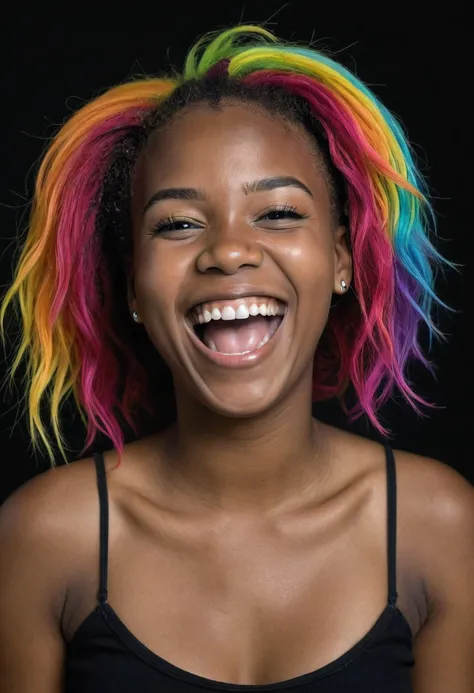 20yo african woman, laughing, rainbow colored hair, black background,