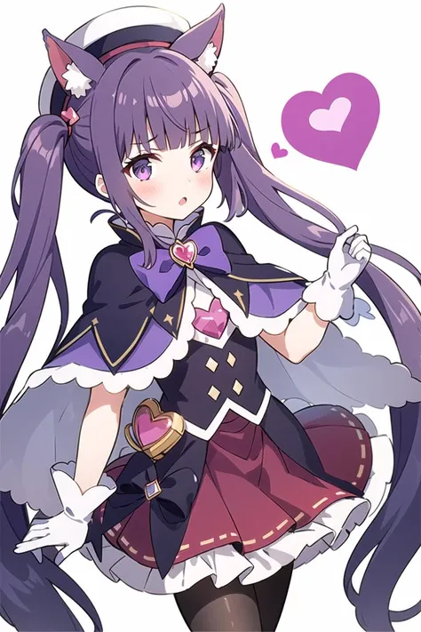 1girl, kasumi_maho,purple hair, long hair, animal ears, purple eyes,  solo, gloves, twintails,  looking at viewer, frilled skirt, capelet, bow,  red skirt, animal ear fluff, hat,  pantyhose, heart, purple bow,  standing,  cowboy shot,white background
 <lora:kasumi_maho-000016:0.7>