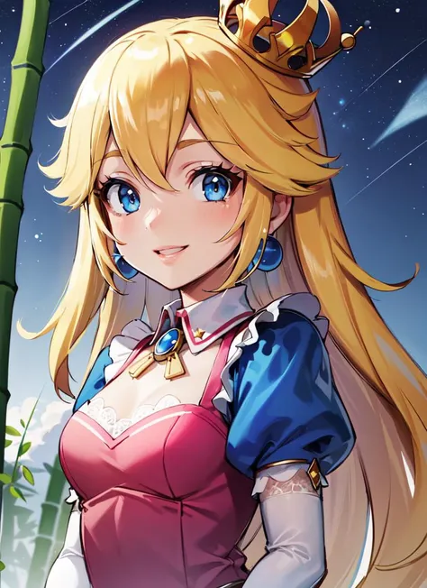 ((best quality)), ((highly detailed)), masterpiece, absurdres, detailed face, beautiful face, (detailed eyes, deep eyes), (1girl), upper body, <lora:ppeachany3:.8>, blonde hair, long hair, blue eyes, medium breasts, smiling, crown, earrings, (pink dress), (long dress), lace-trimmed collar, pink sleeves, puffy sleeves, short sleeves, white elbow gloves, (outdoors, in a bamboo forest, midnight, night sky, stars, moonlight, shooting star, blizzard)