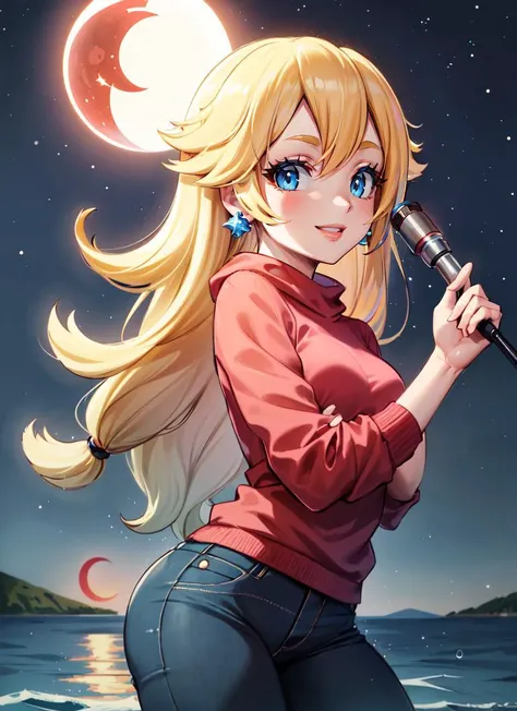 ((best quality)), ((highly detailed)), masterpiece, absurdres, detailed face, beautiful face, (detailed eyes, deep eyes), <lora:more_details:.3>, (1girl), dynamic pose, cowboy shot, <lora:ppeachany3:.8>, blonde hair, long hair, blue eyes, medium breasts, smiling, pink sweater, , pants, (outdoors, on the sea, night, night sky, stars, lunar eclipse, telescope, raining)