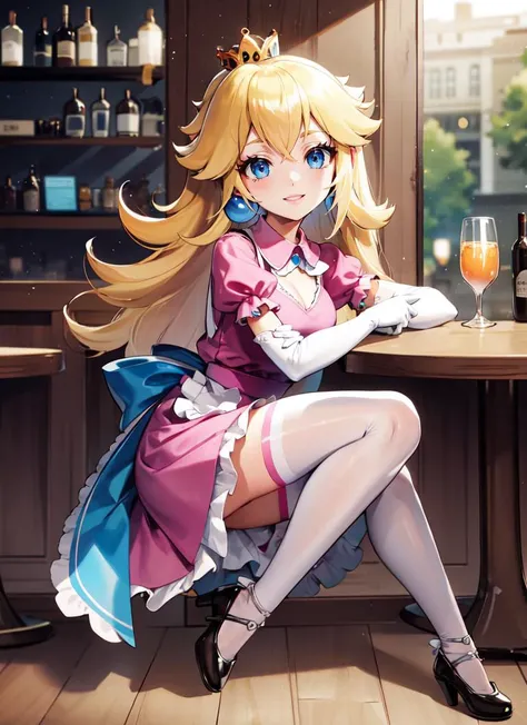 detailed cafe background, masterpiece, best quality, Cafe_Cuties_Soraka, purple skin, serving and offering a cup of coffee, one horn, cute maid outfit, master piece, best quality, anime style, detailed face, thicc thighs, socks, cute skirt