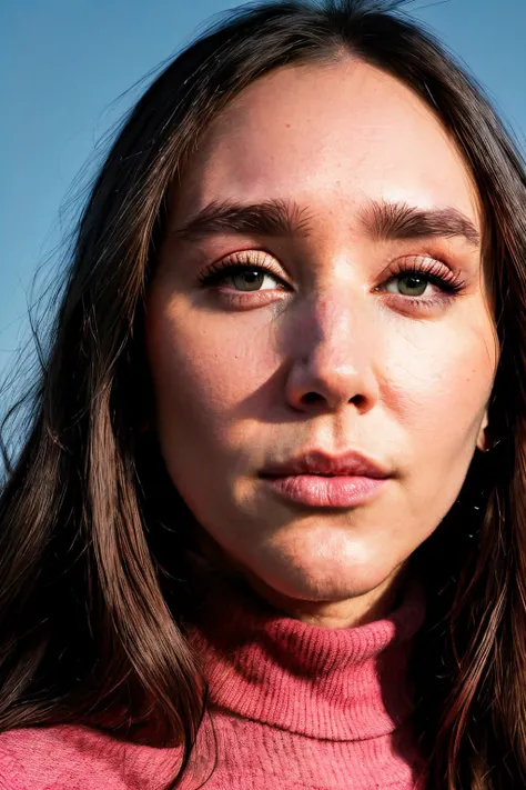 A stunning intricate full color portrait of pattyGugg1, wearing a bright pink turtleneck, epic character composition, by ilya kuvshinov, alessio albi, nina masic, sharp focus, natural lighting, subsurface scattering, f2, 35mm
