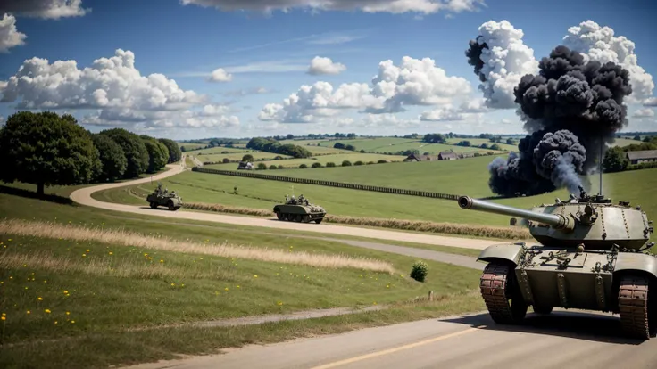 <lora:zAst_xlSaving Private Ryan Cinematic Film Style:0.85>,Saving Private Ryan Cinematic Film Style,(overlooking a field with an armored car situated with its cannon pointing towards a road between two buildings in the distance),world war 2 france,old french farm village,hedgerow,a field with a dirt road and a small village in the distance,