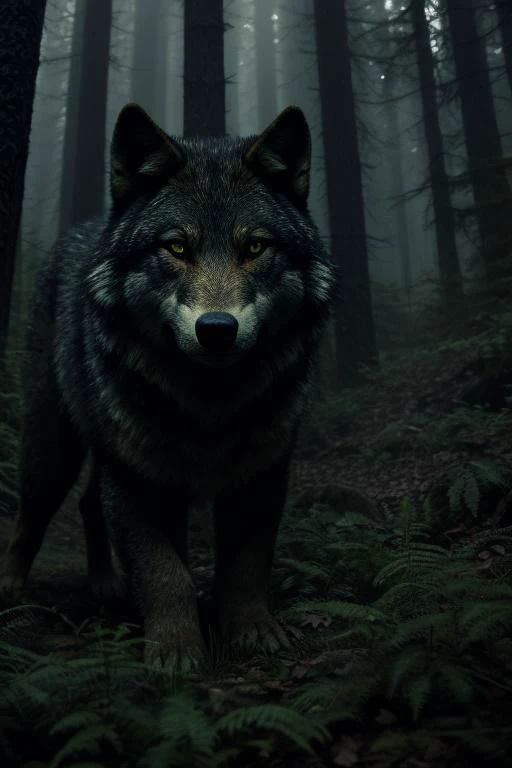 a wolf walking through a forest in the dark