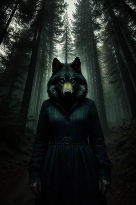 a woman in a black dress standing in a forest with a wolf on her head